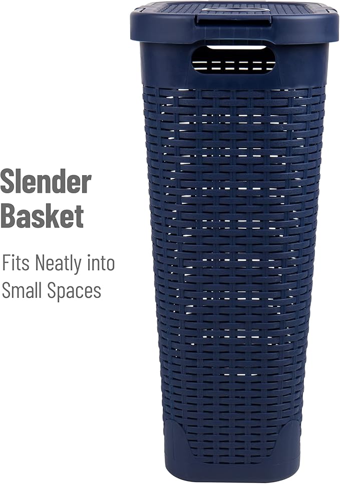 Mind Reader Slim Laundry Hamper with Lid, 40L Clothes Basket, Premium Wicker Design, Plastic, Navy