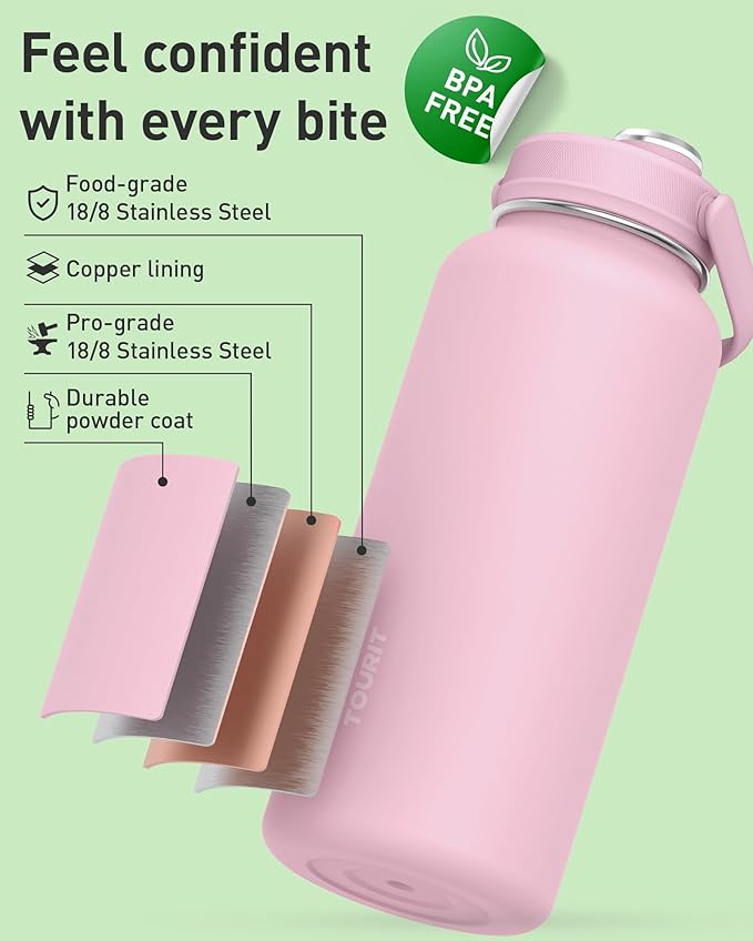 TOURIT 24 oz Insulated Water Bottle, Stainless Steel Sports Water Bottles With Top Handle, Double-Wall Travel Thermal Water Flask, BPA Free Leakproof Water Bottle for Sports, Glacial White