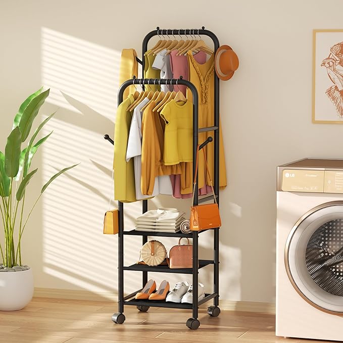 Furologee Rolling Clothing Racks for Hanging Clothes, Double Rods Clothes Rack With Wheels, Sturdy Coat Racks,Portable Metal Garment Rack for Bedroom Laundry Living Room, Black