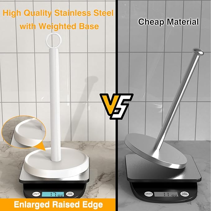 White Paper Towel Holder Countertop, White Kitchen Accessories Decor, Stainless Steel, Paper Towel Holder Stand for Bathroom Farmhouse Essentials, Weighted Base, Anti-Slip