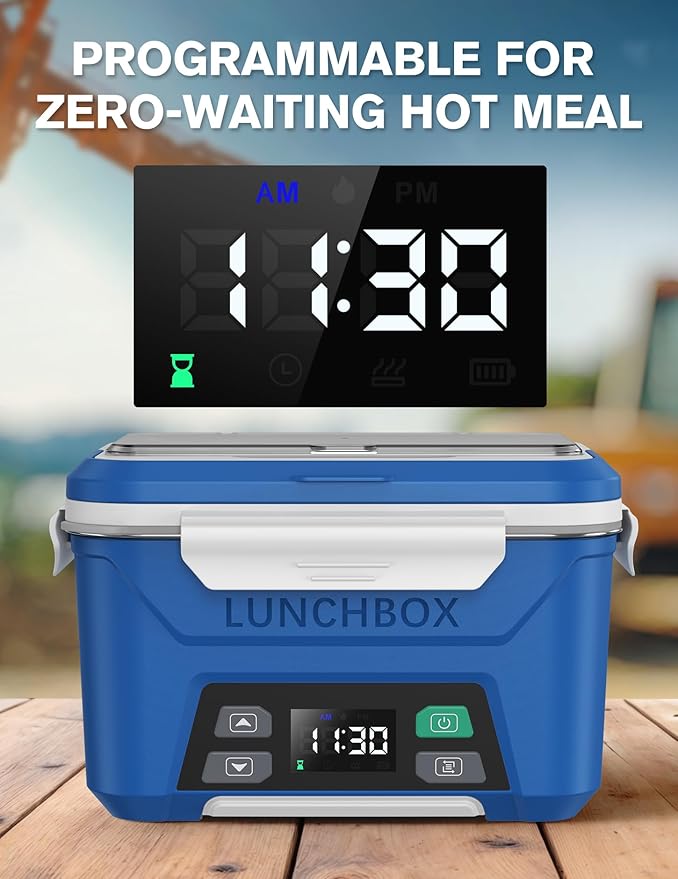 EAST OAK Cordless Electric Lunch Box for Adults, Heated Lunch Box Battery Powered with Automatic Heating, 5.5 Cups Portable Food Warmer with Removable Tray Divider