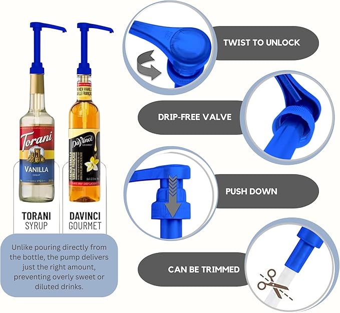 Syrup Pump Compatible with Torani, Davinci and Skinny (Set of 2) - fits Bottles (25.4 oz-750ml) (Blue)