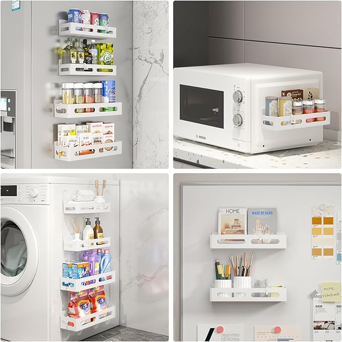 2 Pack Strong Magnetic Spice Rack for Refrigerator, Multipurpose Magnetic Shelf for Fridge with 4 Hooks for kitchen and Bathroom Organization, White