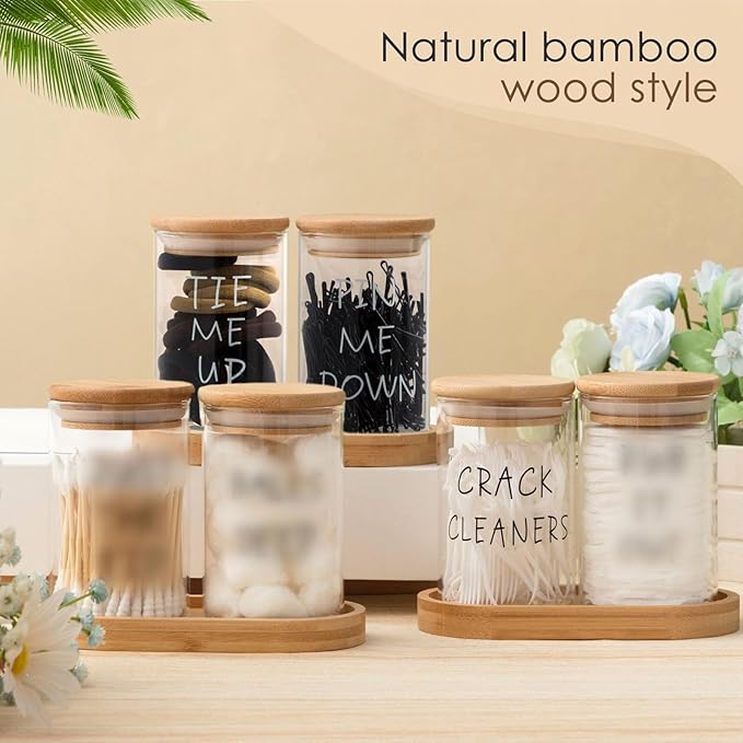 Tessco 6 Pcs Apothecary Jars Glass Jars with Lids for Bathroom Qtip Holder Glass Cotton Ball Holder for Home Bathroom Farmhouse Storage Containers Makeup Organizer Decoration
