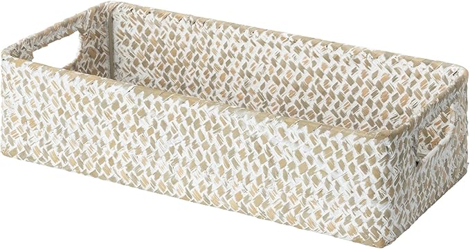 StorageWorks Wicker Toilet Paper Basket for Back of Toilet Baskets, Seagrass Bathroom Basket Organizer and Storage for Tank Topper, Small Tank Trays for Decor with Built-in Handles, Wipe White