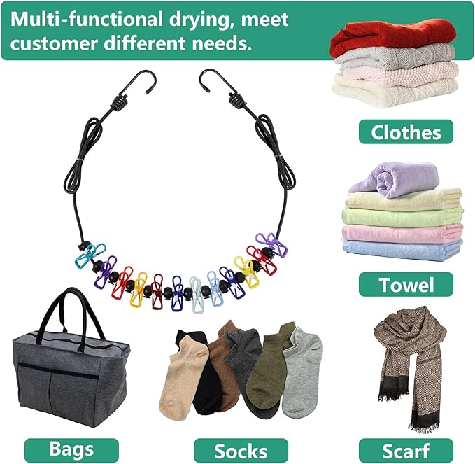 Retractable Travel Clothesline, Portable Clothesline (Including 2 Compressible Towels) 12 clothespins, Suitable for Indoor and Outdoor, Balcony, Outdoor Camping use Multicolor