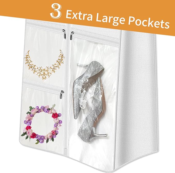 72" Wedding Dress Garment Bag with 10'' Gusseted Dress Bags for Gowns Long 4 Pockets Dress Cover for Women, White