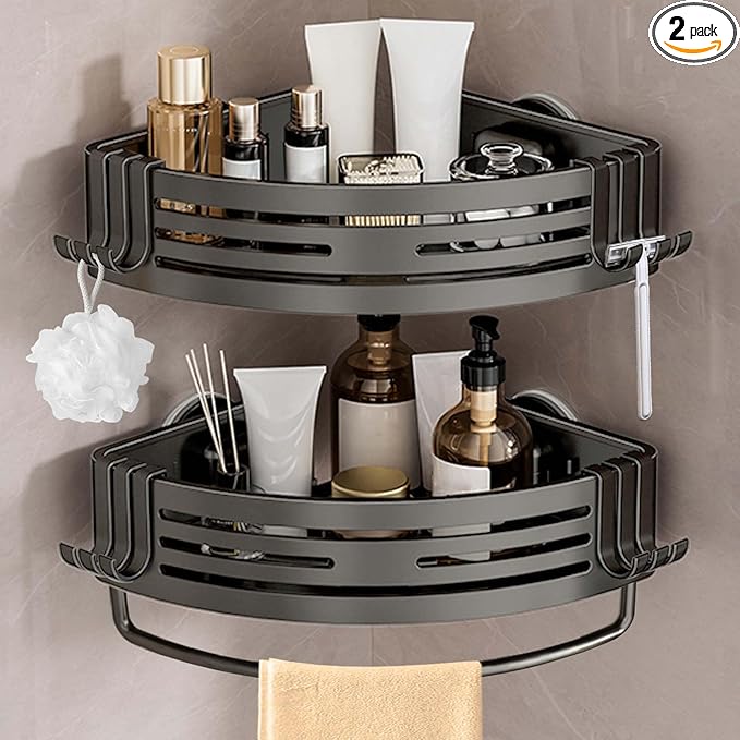Conworld Corner Shower Caddy with Suction Cups, Shower Suction Shelf With Towel Bar, Wall Bathroom Shower Organizer Corner with Hooks, No-Drilling Removable (Aluminum, 2-Pack, Gunmetal Gray)