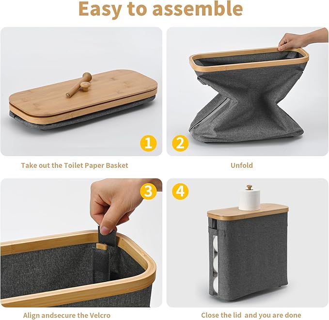 32L Bathroom Toilet Paper Storage Basket with Lid and Handle - Mega Capacity， Bamboo Collapsible Toilet Paper Holder Storage with Non-Slip Bottom, Extra Toilet Roll Storage, Elegant Gray，1 Pack