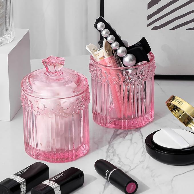 rejomiik 2 Pack Qtip Holder Glass Apothecary Jars with Lids Bathroom Accessories Vanity Organizers and Makeup Storage Canister for Cotton Swabs, Balls, Pads, Floss Picks, Candy, Pink