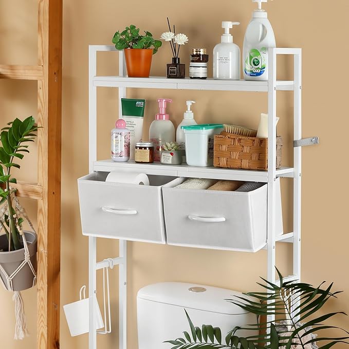YBING Over The Toilet Storage Cabinet, Over Toilet Bathroom Organizer with Drawer, Above Toilet Stand with Roll Holder and Hooks, Over Toilet Storage Shelf Cabinet, Wooden, White