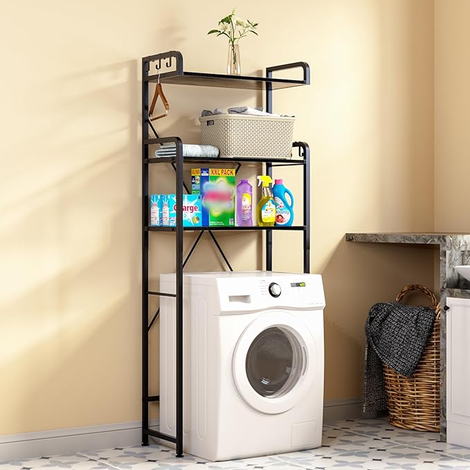 Over-The-Toilet Storage Rack with 3-Tier Shelves, Space Saver Toilet Shelf, Bathroom Storage Organizer with Hooks for Over-Toilet Storage (Black)