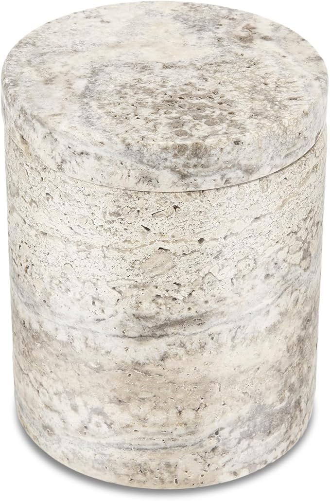 Natural Marble Canister, Cotton Swab Holder with Lid, High Capacity Bathroom Qtip Holder Storage for Cotton Swab, Floss Picks, Makeup Pad, Bath Salt, Gray Travertine(NS017)