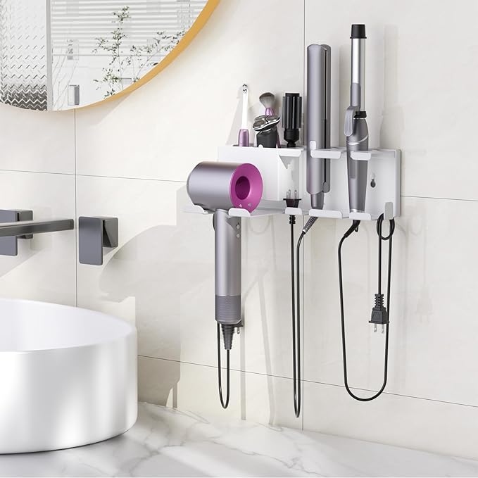 YSD Hair Dryer Holder Wall Mounted, Metal Hair Tools Organizer, Hair Dryer Holder for Blow Dryer, Curling Iron, Straightener, 3 in 1 Bathroom Hair Tool Organizer, White