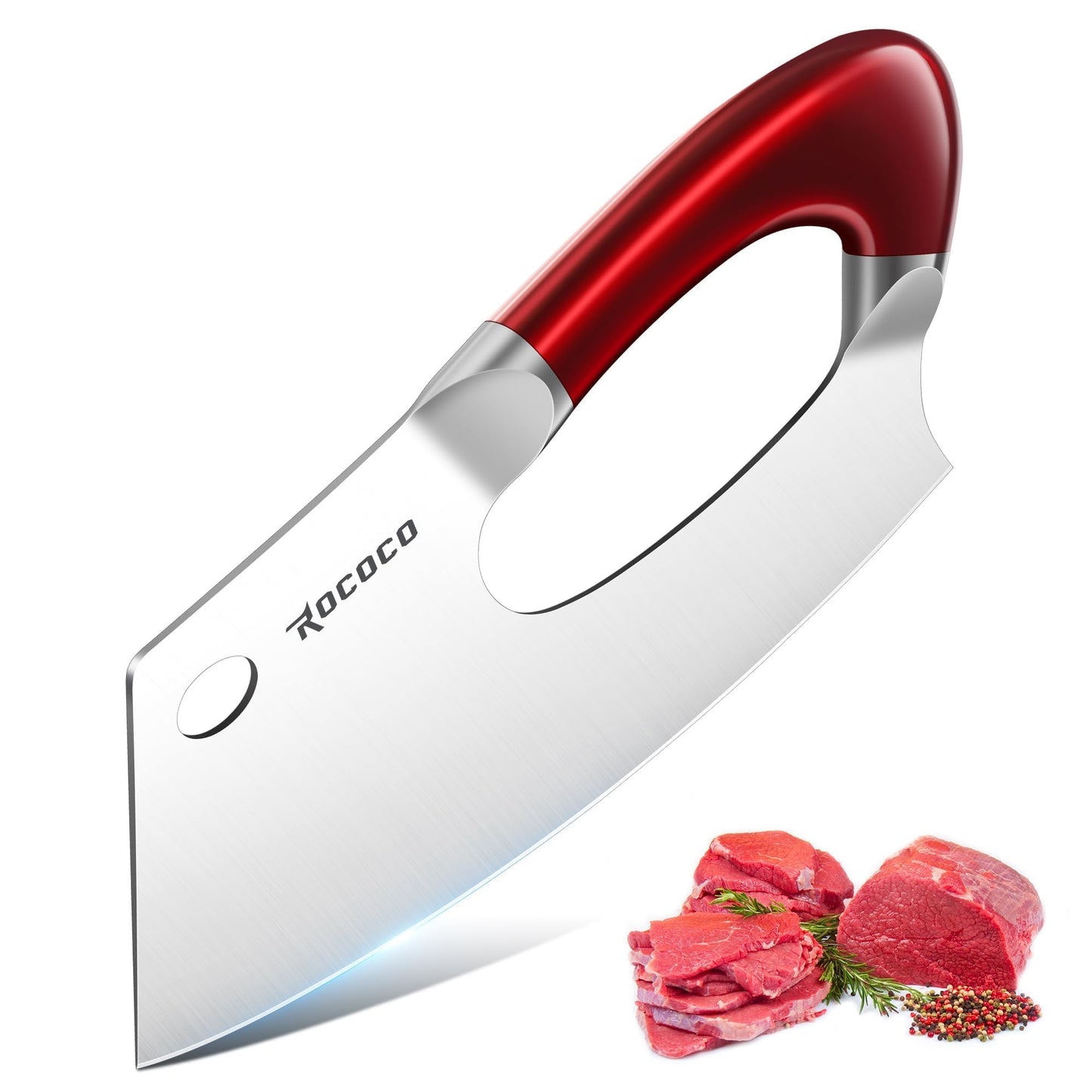 ROCOCO Effort Saving Meat Cleaver - Red Wood Easy Handle Chef Knife