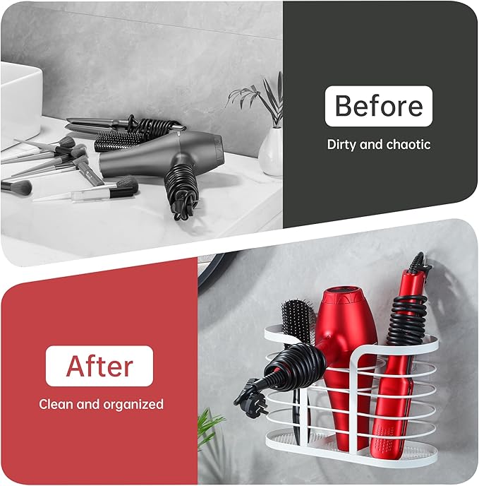 YIGII White Hair Dryer Holder - Adhesive Blow Dryer Holder/Hair Tool Organizer Bathroom Organizer Stick on Wall Mounted Multi-Functional Hair Dryer Rack for Wire Straightener, Shavers