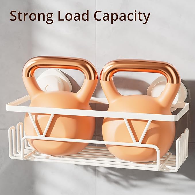 KEGII Suction Cup Shower Caddy, 2 Pack Shower Suction Shelf with Soap Holder & Hooks, No Drilling Bathroom Organizer, Stainless Steel Shampoo Holder for Bathroom Storage Basket, Cream White