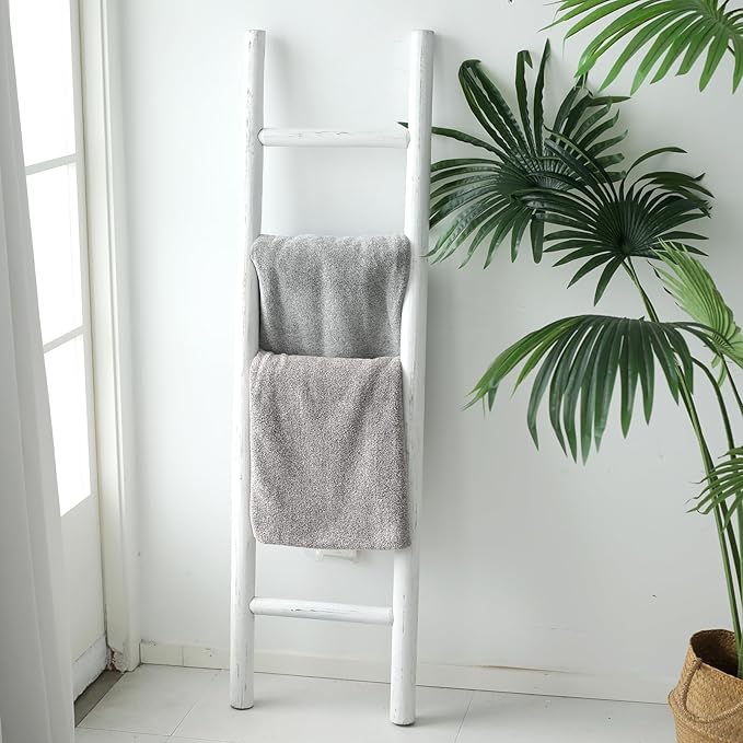 FUIN 57in Wood Blanket Ladder Living Room Decorative Wall Leaning Farmhouse Quilt Display Holder Rustic Wooden Towel Rack for Bathroom, White