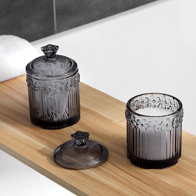 rejomiik 2 Pack Qtip Holder Glass Apothecary Jars with Lids Bathroom Accessories Vanity Organizers and Makeup Storage Canister for Cotton Swabs, Balls, Pads, Floss Picks, Candy, Gray