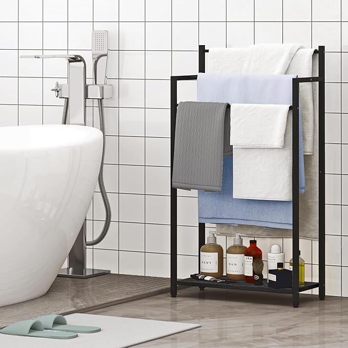 Freestanding Towel Rack, 3 Tier Blanket Ladder Stand with Black Wooden Shelf for Bathroom Living Room (31.5”H x 16.9”W x7.9”D)
