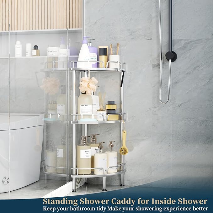 Consumest Corner Shower Caddy Stand - 3 Tier Shower Organizer with Soap Holder, Tall Floor Corner Shelf Standing with Adjustable Feet & 4 Hooks, Storage Rack for Bathroom, Silver