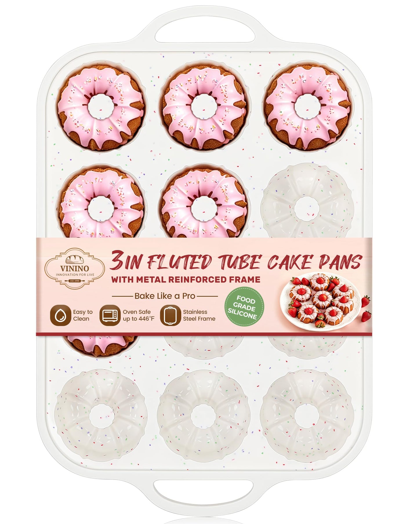 Vinino 3 Inch Silicone Mini Fluted Tube Cake Pan with Metal Frame