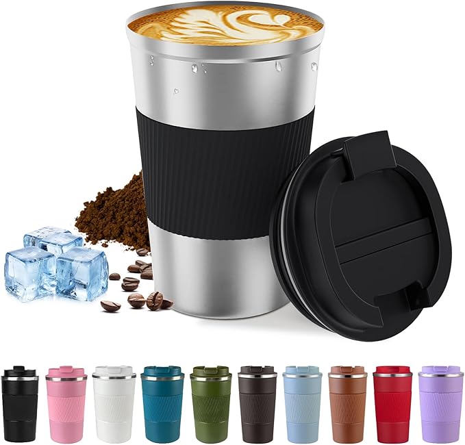 Vacuum-Insulated Stainless Steel Travel Coffee Mug, Leak-Proof Reusable Coffee Cup with Lid-Keep Hot & Cold Drinks for Hours, Durable Insulated Tumbler for Men & Women(3rd-Silver black, 12OZ)