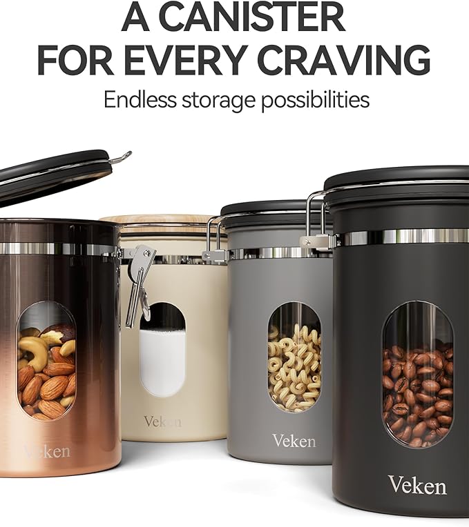 Veken Coffee Canister with Window,Airtight Stainless Steel Kitchen Food Storage Container, Date Tracker & Scoop for Grounds Coffee, Beans, Tea,Flour,Cereal,Sugar,22OZ,Copper (Pack of 2)