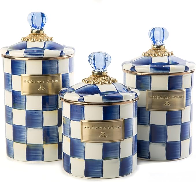 MACKENZIE-CHILDS Enamel Canister Set, Blue-and-White Royal Check