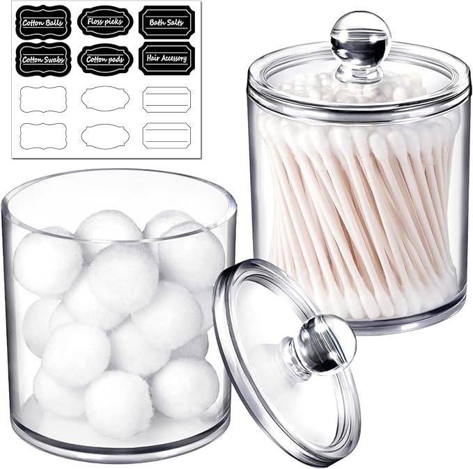 SheeChung Clear Acrylic Qtip Holder with Labels–Shatterproof Plastic Apothecary Jars for Bathroom Organization–Vanity Cotton Swab Holder Canisters for Cotton Balls, Pads, Floss Picks-Minimalist Decor
