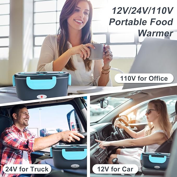 Electric Lunch Box, 12V/24V/110V Portable Food Warmer with SS Fork & Spoon for Car/Truck/Office, 80W Self Heating Lunch Box with 1.5L 304 Stainless Steel Container & 0.45L PP Fruit Box Sky Blue