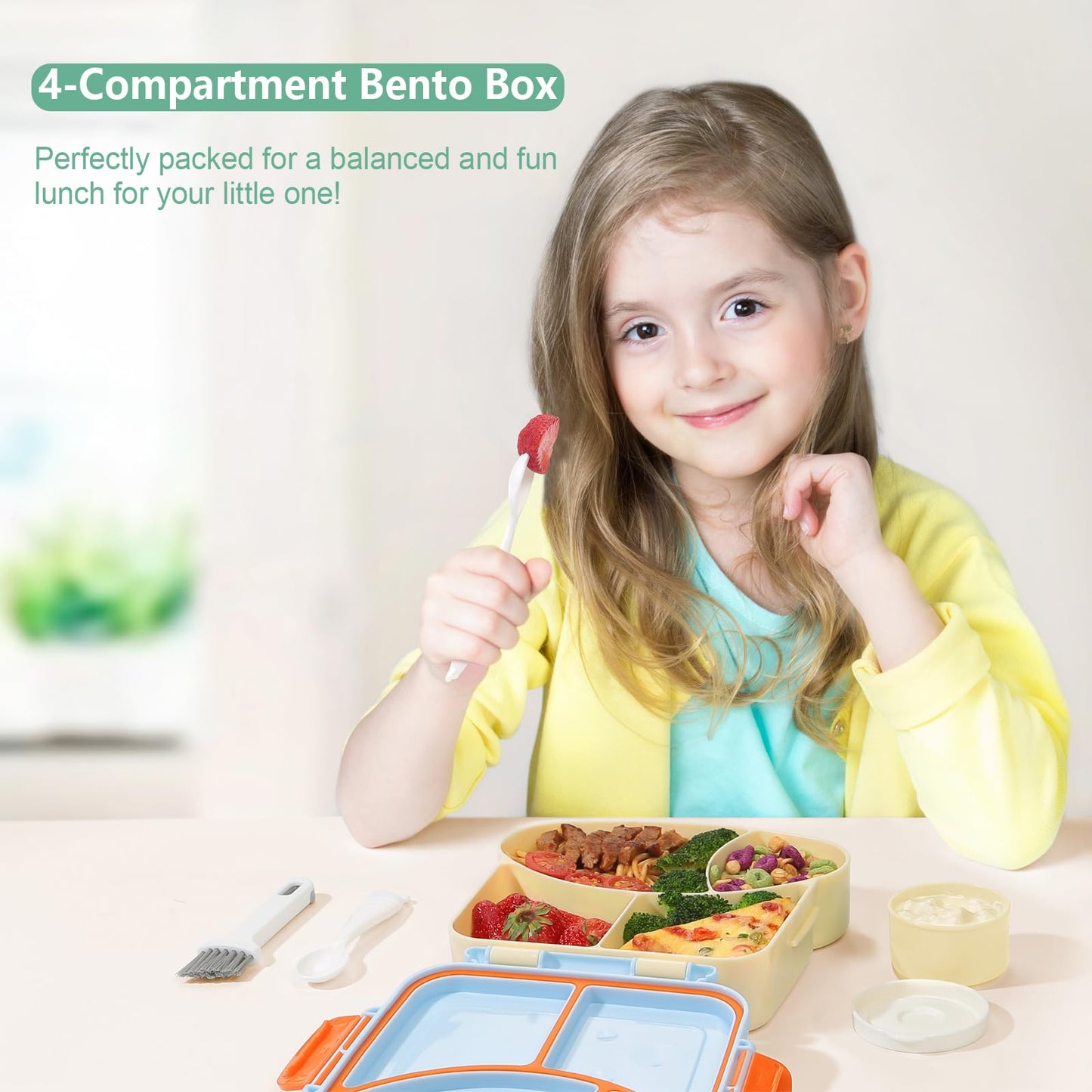SAYAPE Bento Box for Kids & Adults – Cute Cartoon 2-Layer Lunch Box with Fork, Sauce Cup & Brush, BPA-Free, 3-Compartment Square Snack Container with Handle for School, Office, or Travel (Green)
