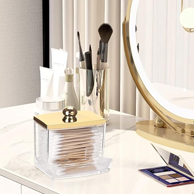 Tbestmax Qtip Holder Dispenser Clear Bathroom Organizer Accessories Decor for Storage-Qtips Cotton Ball Holder - Gold