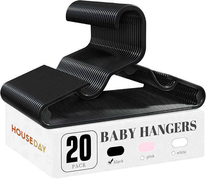 HOUSE DAY Plastic Baby Hangers for Closet 20 Pack, Durable Plastic Kids Hangers for Baby Clothes, Thin & Compact Childrens Hangers, Space Saving Black Baby Hanger, Small Hanger for Kids Clothes