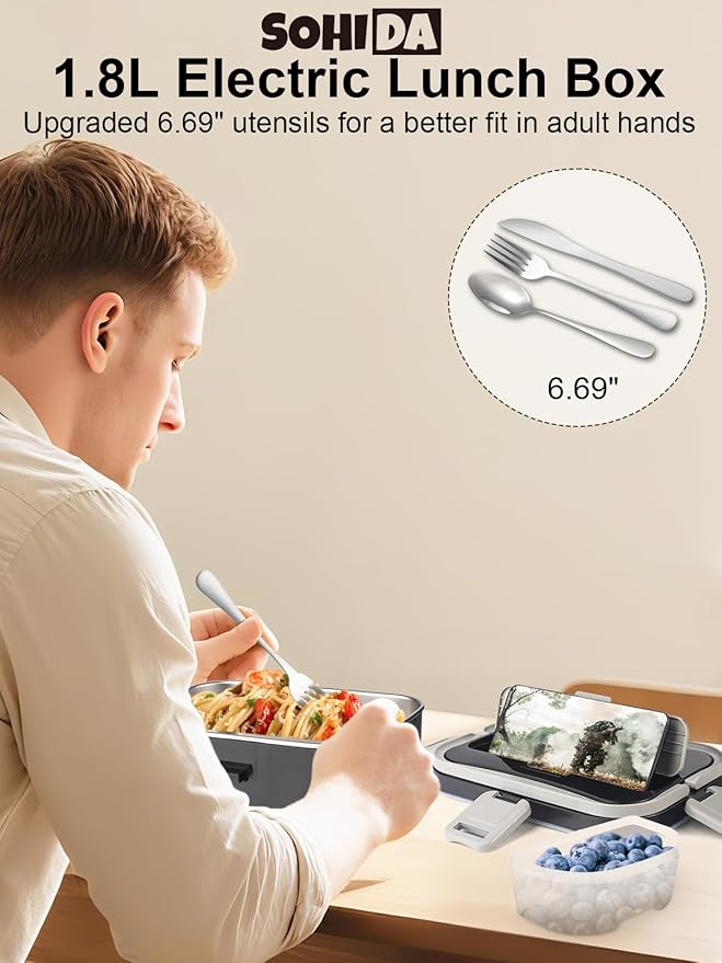 1.8L+0.5L Heated Lunch Box for Men, 80W Electric Lunch Box with Long-handled Utensils for Adults, 12V/24V/110V Lonchera Eléctrica Portátil, Portable Food Warmer for Car/Truck/Office (B/G)
