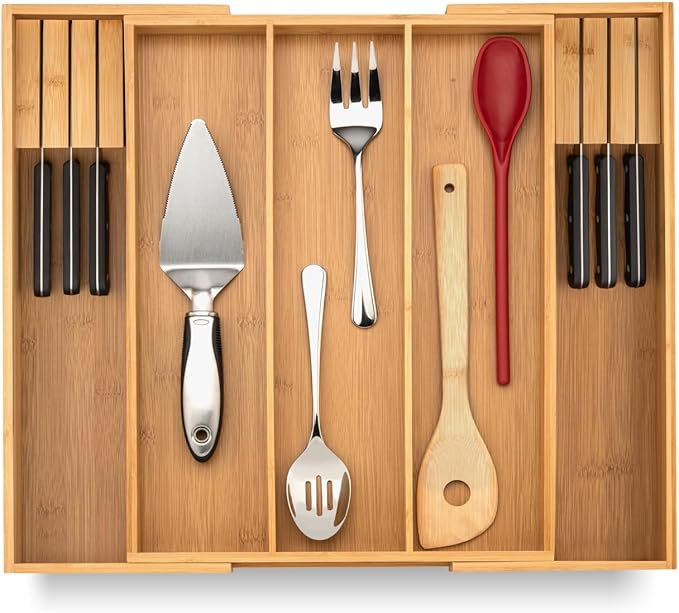Purawood Kitchen Drawer Organizer - Expandable Utensil Drawer Organizer for Kitchen, Cutlery Tray & Silverware Organizer, 3-5 Slots - Bamboo Organizer for Utensils & Flatware (Grey)