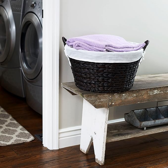 Household Essentials Round Wicker Laundry Basket with Handles, Whimsical Water Hyacinth Basket, Supportive Metal Frame, Removable Polyester Liner, Handwoven, Well-Structured and Versatile, Brown