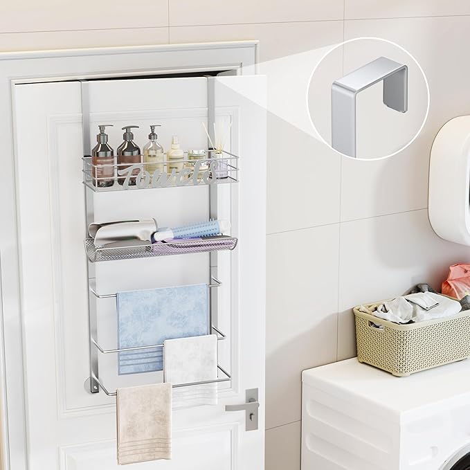 SWTYMIKI Over The Door Towel Racks for Bathroom - 5-Tier Wall Mounted Bathroom Towel Storage Organizer Holder with Metal Shelf, Sliver