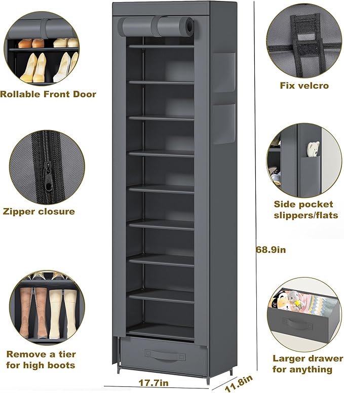 OYREL Shoes Rack 10 Tier Tall Narrow Shoe Rack with Bin Covered Shoe Shelf Storage Organizer Closet Stackable Shoe Stand