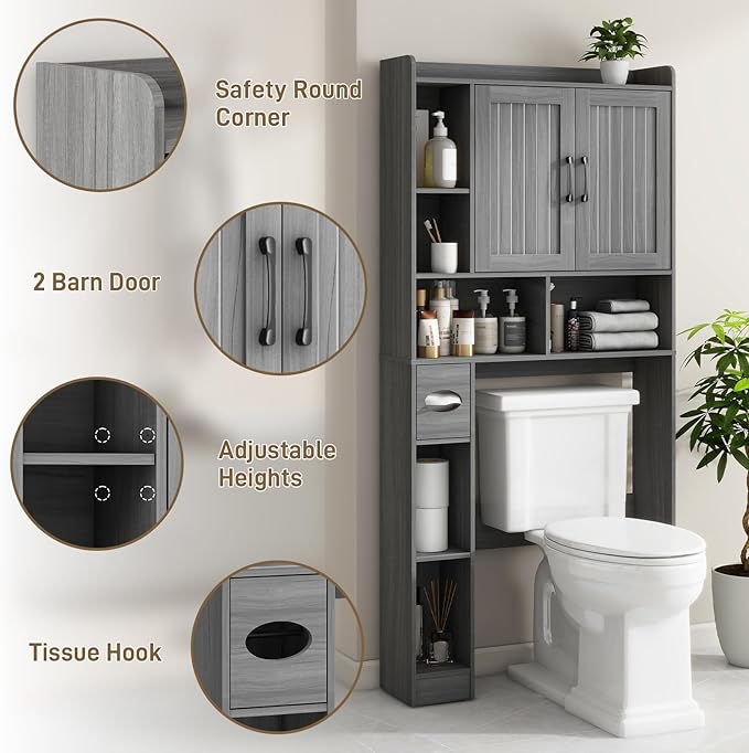 Vabches Over The Toilet Storage Cabinet, Farmhouse Storage Cabinet Over Toilet with Barn Door，Home Space-Saving Toilet Rack for Bathroom, Restroom and Laundry.（Wash Grey）