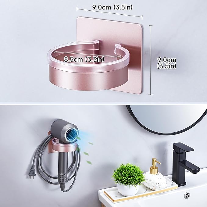 Hair Dryer Holder Wall Mounted, Blow Dryer Holder, Hair Tool Organizer for Hair Dryer Storage Hanger, Adhesive Hairdryer Holder for Bathroom Barber Shop (Rose Gold)