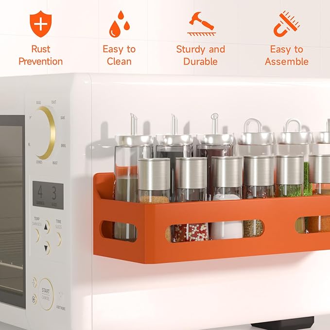 4 Pack Strong Magnetic Spice Rack for Refrigerator, Multipurpose Magnetic Shelf for Fridge with 4 Hooks for kitchen and Bathroom Organization, Orange