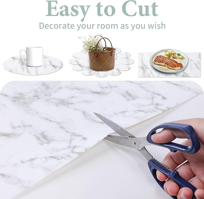 2-Layer Drawer and Shelf Liner for Kitchen Cabinet: 35.4 in X 19.69 Ft Non Slip Waterproof Shelf Paper Non Adhesive Refrigerator Liners White Marble Easy Liners for Bathroom with Knife Tape Measure
