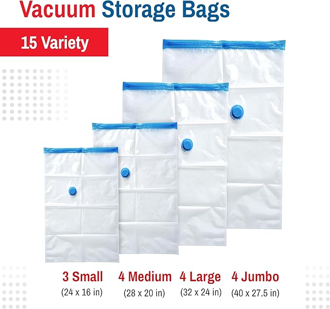 15-Pack Variety Vacuum Storage Bags for Comforters, Blankets & Clothes – Vacuum Sealed Compression Bags with Hand Pump – Space Saver Storage Bags for Bedding,Travel & Organization (3S, 4M, 4L & 4XL)