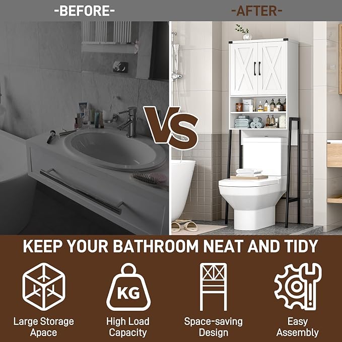 Vabches Over The Toilet Storage Cabinet, Farmhouse Over Toilet Storage Cabinet, Metal Frame with 2 Barn Doors, Home Space-Saving Toilet Rack for Bathroom, Toilet, Laundry Room