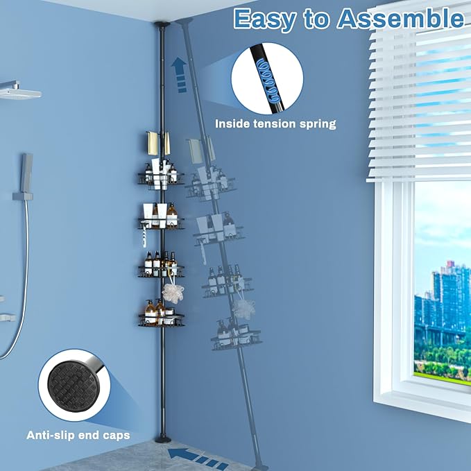 Rustproof Corner Shower Caddy Tension Pole, 4 Large Baskets for Bathtub Shampoo Storage Organizer Bathroom Height Adjustable Shelves from 23.6 to 114.5 Inch with Towel Bar
