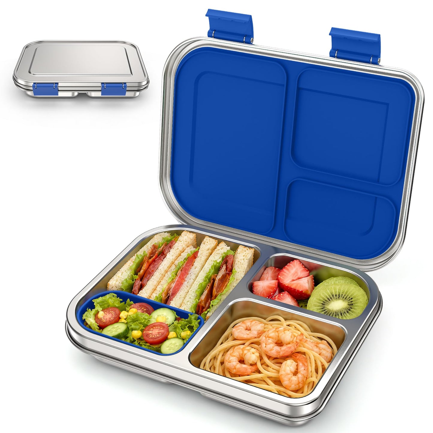 BABHAMNESS Stainless Steel Bento Box Kids, 3 Compartments Leak Proof Metal Bento Lunch Box, 304 Stainless Steel Bento Lunch Containers for School and Office,Dishwasher Safe, BPA-Free-Blue