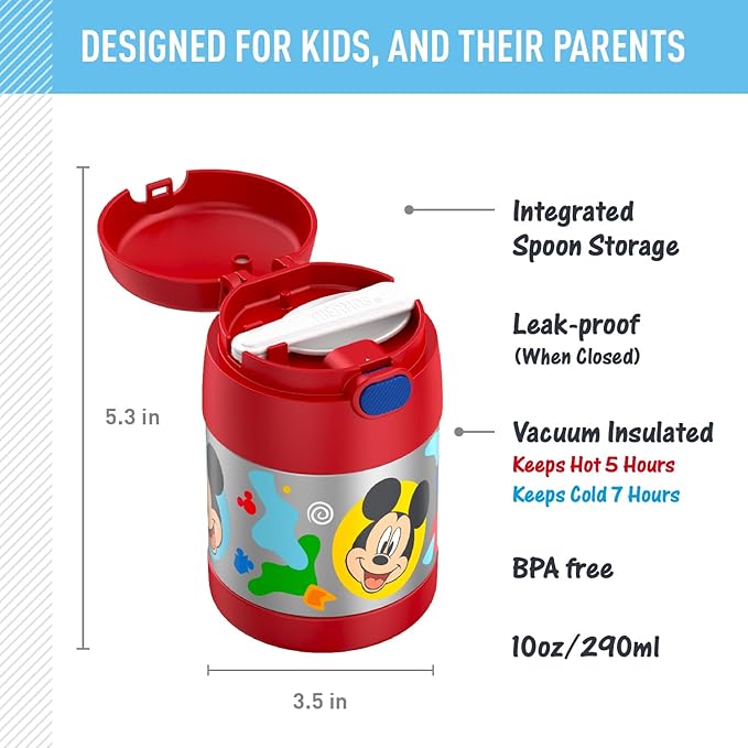THERMOS FUNTAINER 10 Ounce Stainless Steel Vacuum Insulated Kids Food Jar with Spoon, PRESCHOOL MICKEY