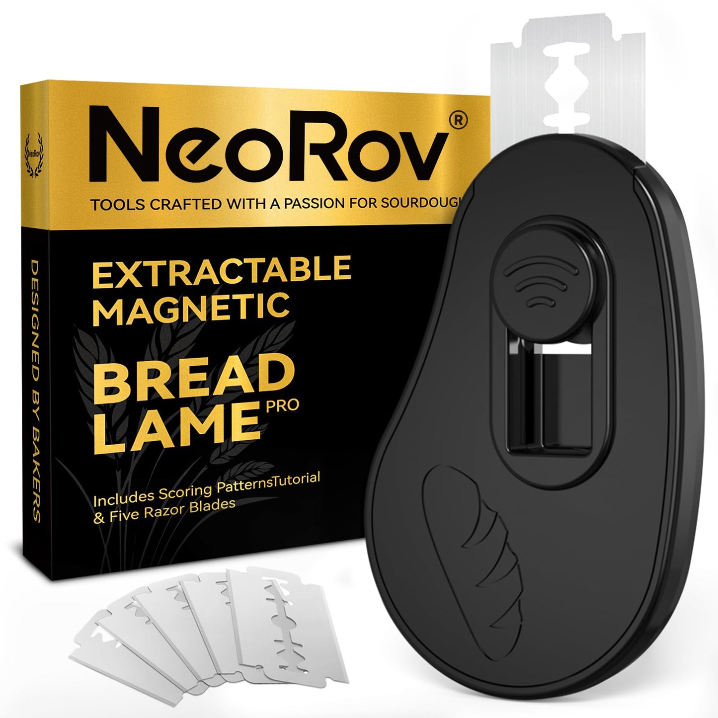 NeoRov Extractable & Magnetic Bread Lame Dough Scoring Tool - Professional Sourdough Scoring Tool - Sourdough Bread Baking & Bread Scoring Tool - Scoring Patterns booklet & 5 Razor Blades (Black)