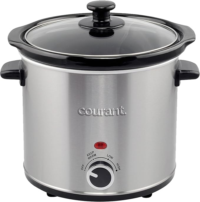 Courant Small Slow Cooker 1.6 QT, 3 Heat Settings, Removable Ceramic Pot" Easy Clean, Dishwasher Safe, Mini Slow Cooker, Stainless Steel